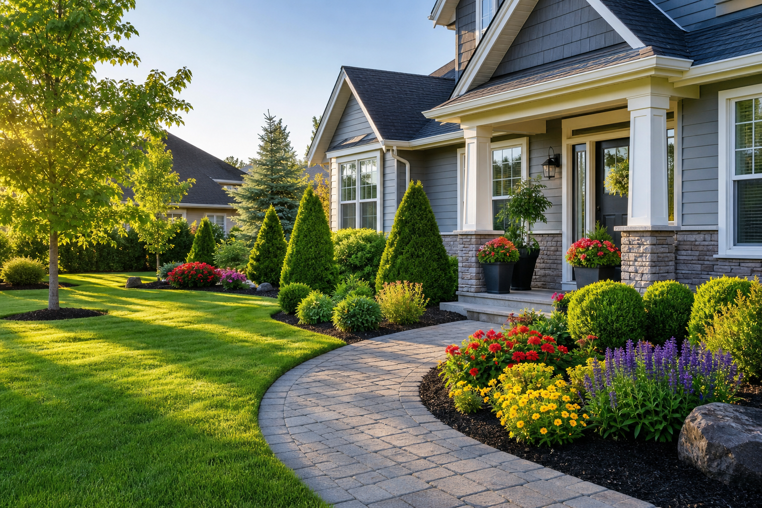 Well-maintained suburban front yard with lush green lawn, trimmed shrubs, a stone pathway, and colorful flower beds in soft morning light
