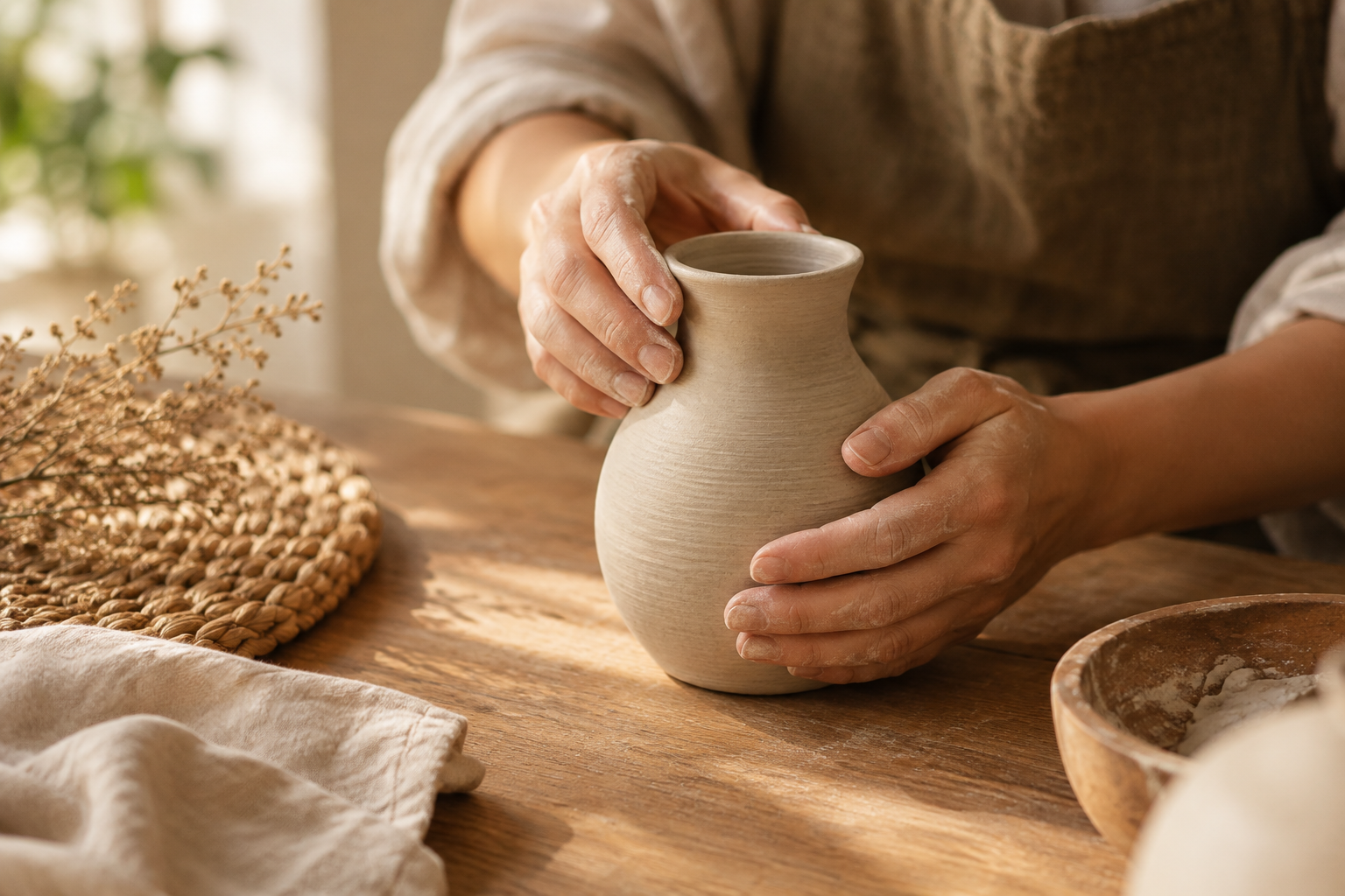 Close-up of artisan hands shaping a ceramic vase beside woven natural fibers on a warm wooden tabletop