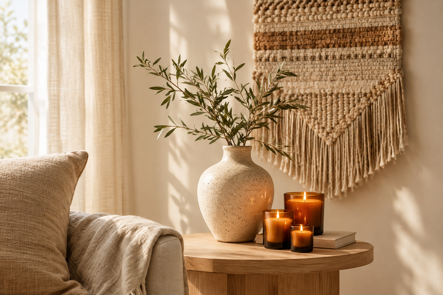 Sunlit interior styling scene with a handmade ceramic vase, woven wall hanging, and softly glowing candle set in warm natural tones