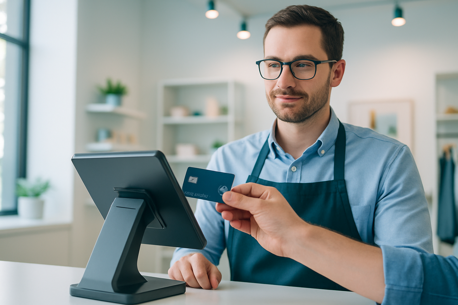 Small business owner using a modern POS system to accept a card payment