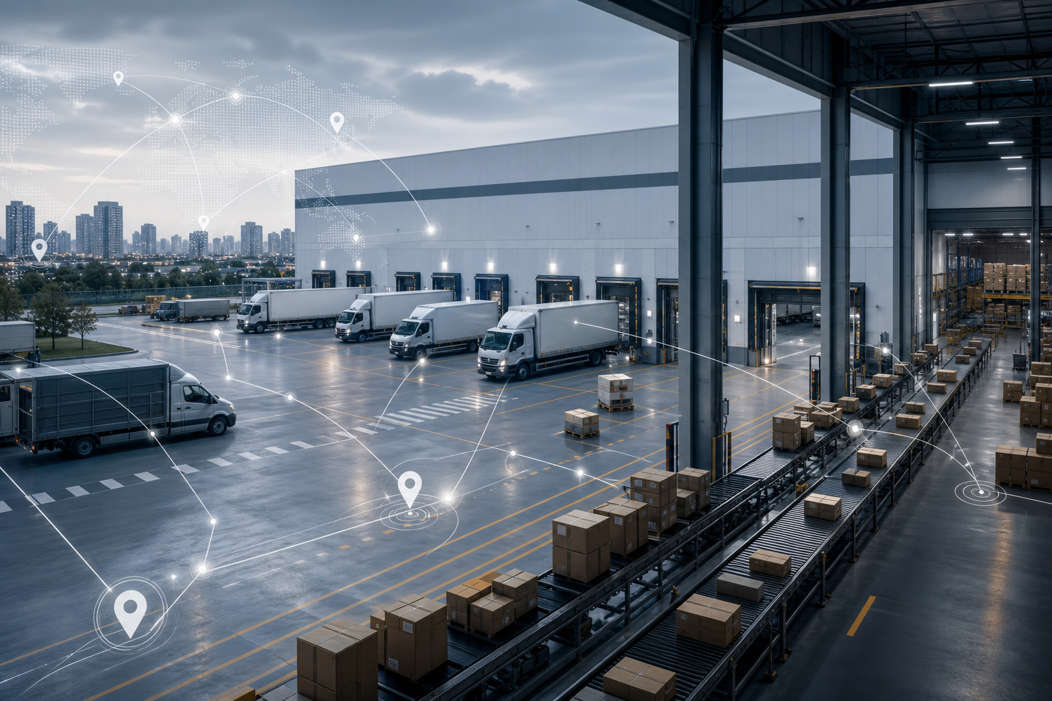 Enterprise logistics operations scene with coordinated parcel flow, loading bays, fleet dispatch lanes, and warehouse routing infrastructure