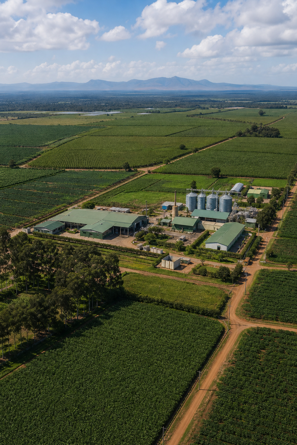 Premium large-scale agribusiness estate landscape with organized cultivation blocks and export-grade operations