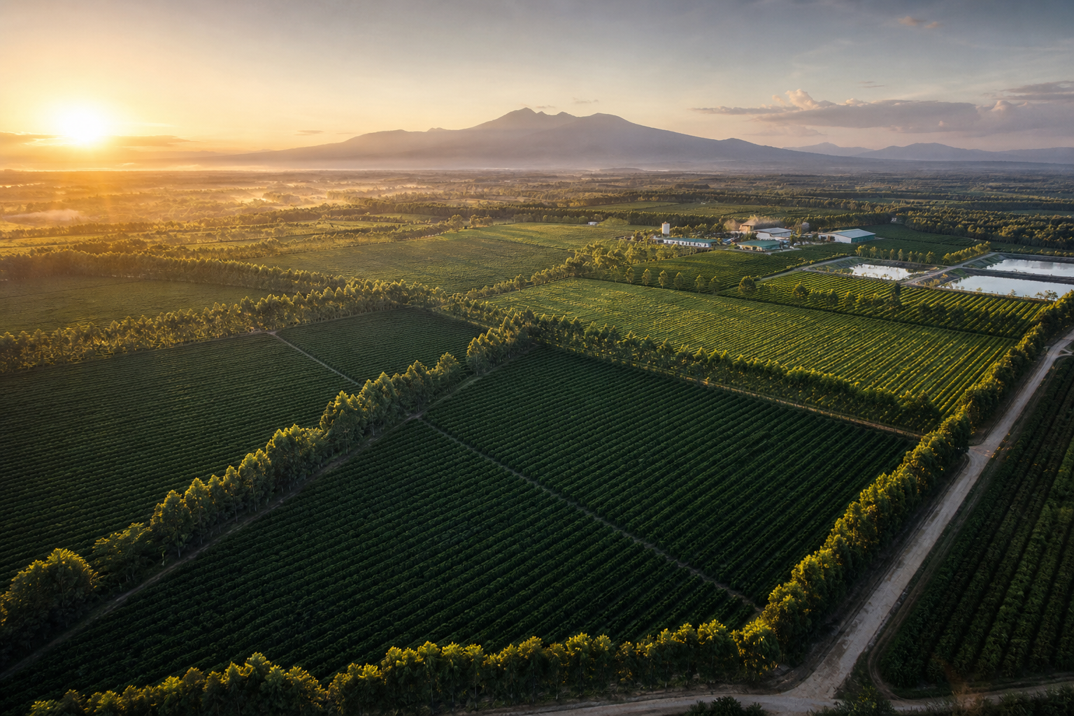 Expansive premium agricultural estate with orderly crop fields, tree belts, and operational roads at sunrise