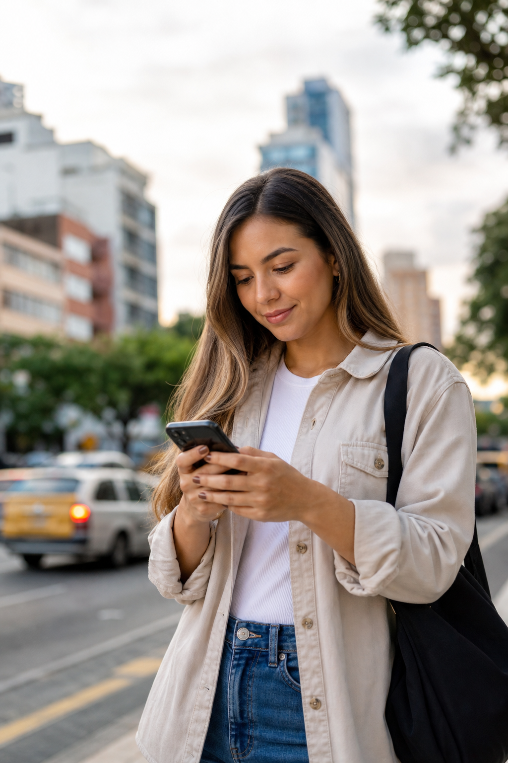 Persona usando su teléfono móvil en una calle urbana moderna, con ambiente humano y estilo premium