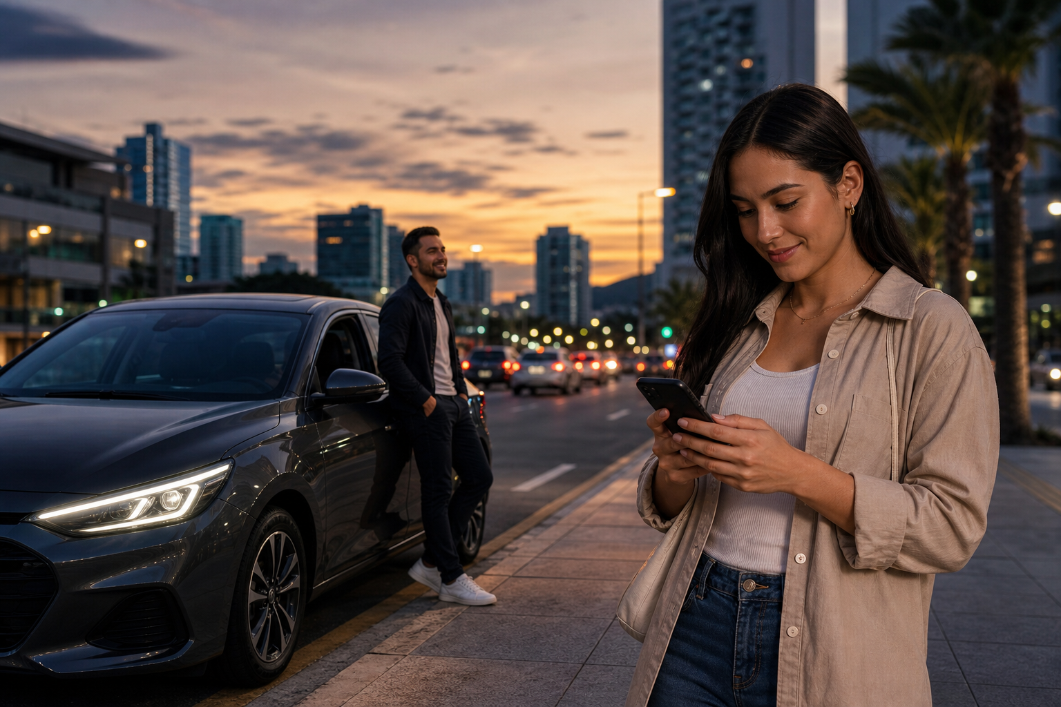 Escena urbana latinoamericana contemporánea con personas usando apps de movilidad, vehículos en circulación y arquitectura moderna al atardecer