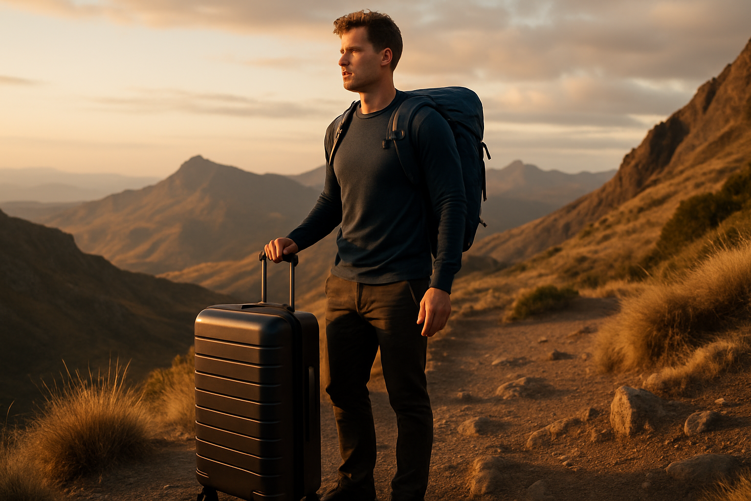 Modern traveler with a sleek hard-shell suitcase and technical backpack standing on a windswept overlook at golden hour