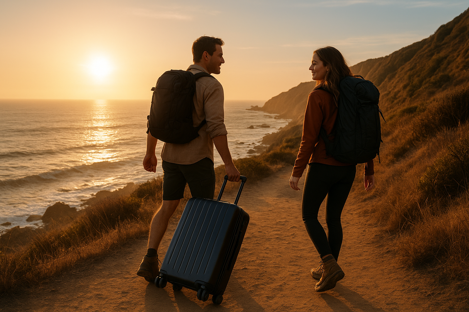 Two travelers with a hard-shell suitcase and technical backpack walking along a coastal cliff trail at golden hour