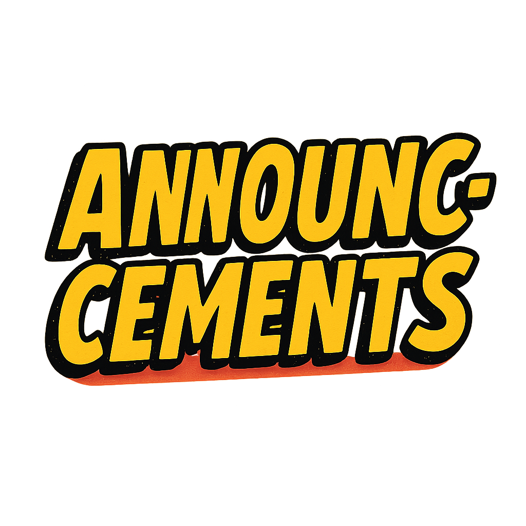 Comic-style heading image that reads Announcements