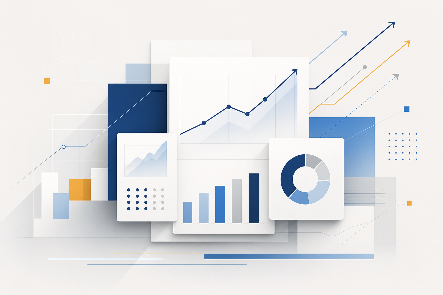 Modern abstract analytics composition with layered charts, directional line motifs, and clean business geometry