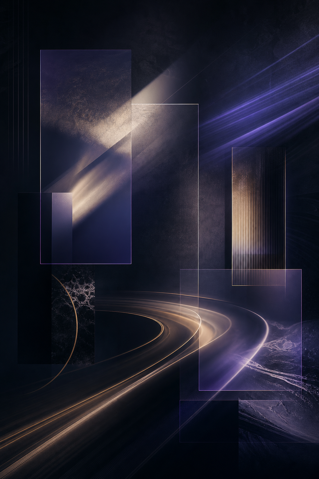 Abstract editorial studio visual with layered light trails and geometric framing that suggests motion and creative experimentation