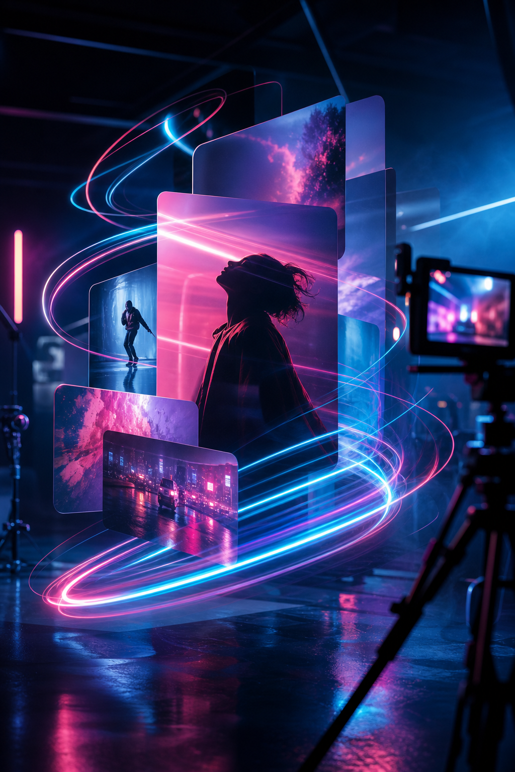 Cinematic abstract AI studio visual with motion light trails and layered artistic framing