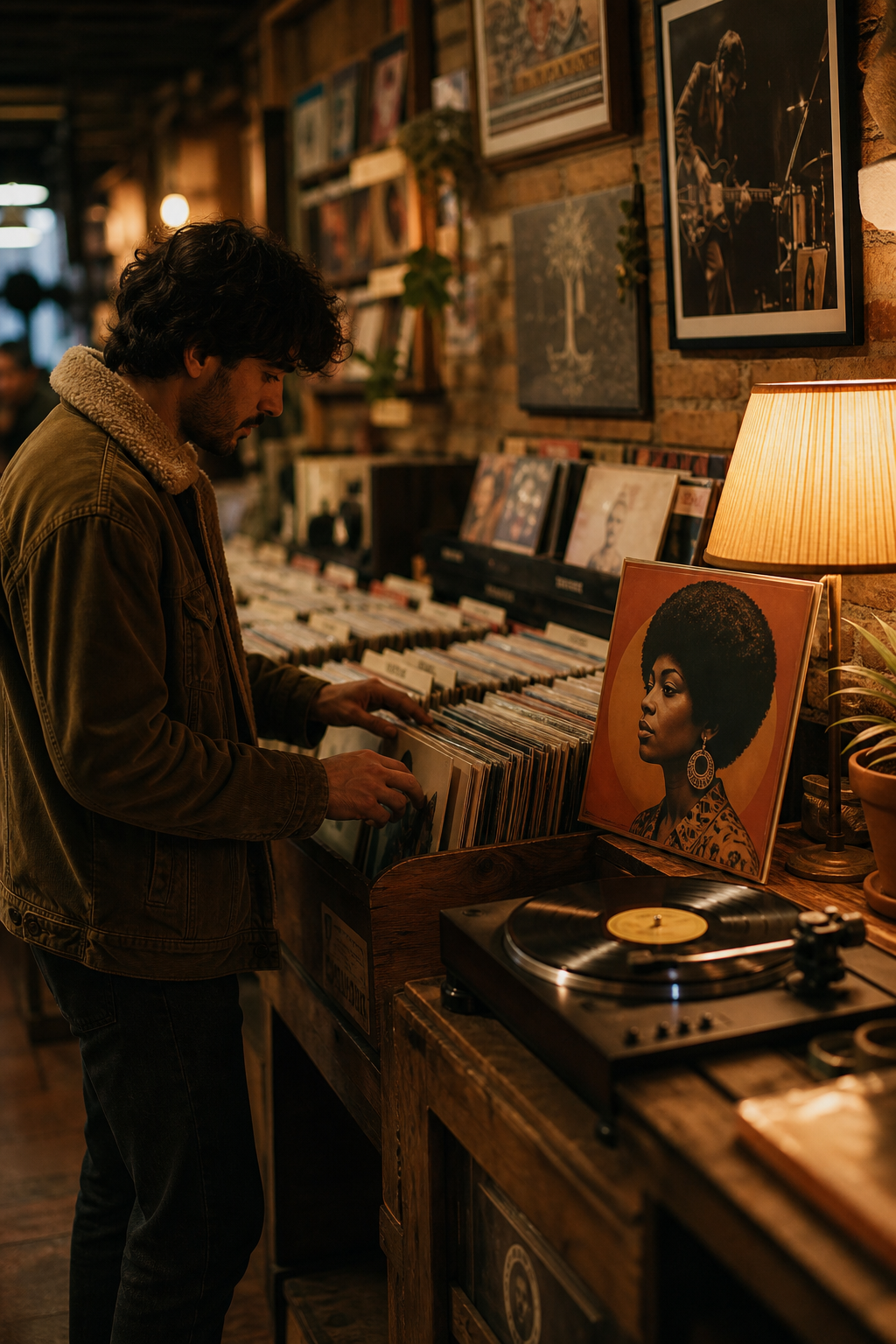 Warm moody artist spotlight scene inside an independent record shop