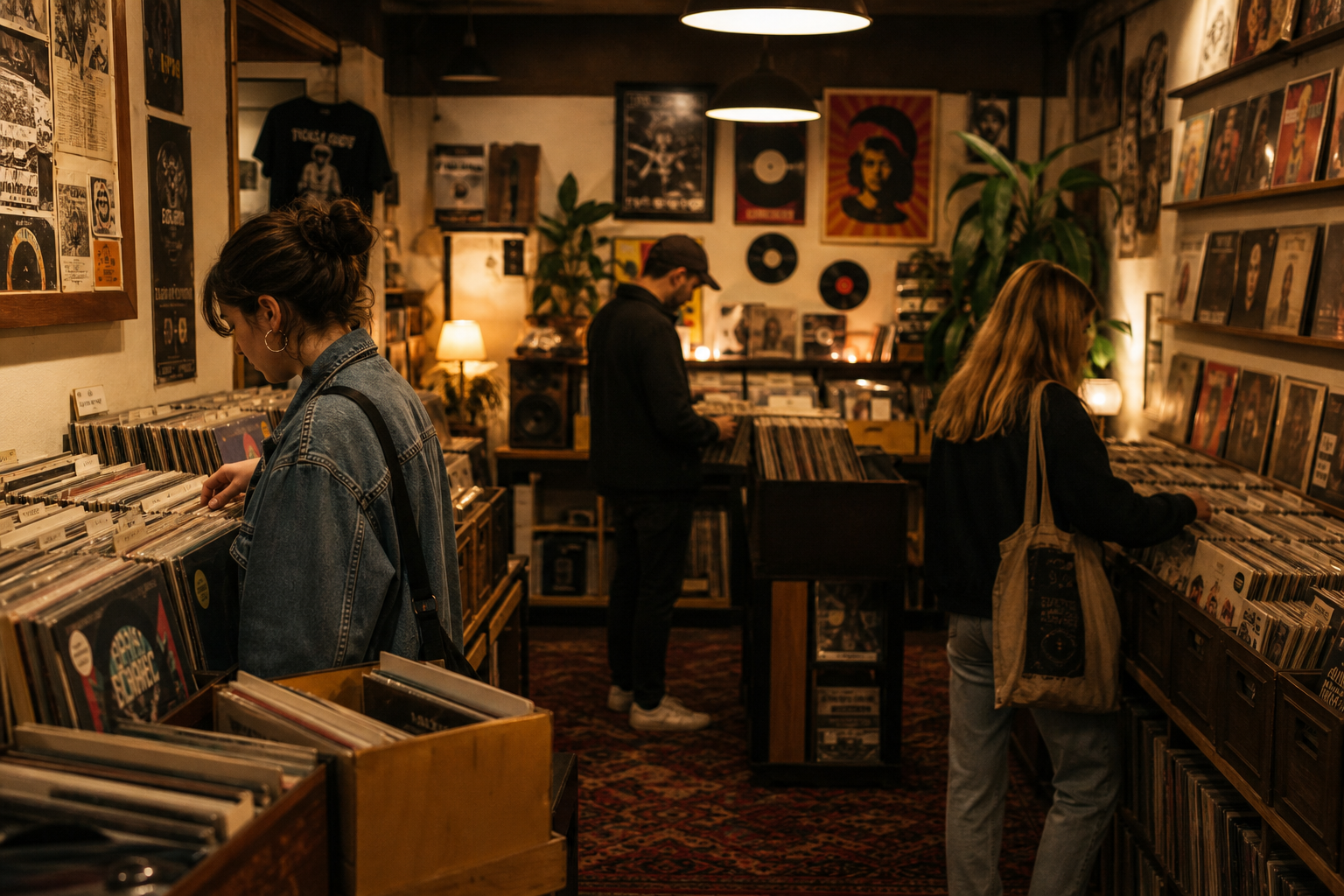 Warm in-store scene with shoppers browsing records under cozy lighting