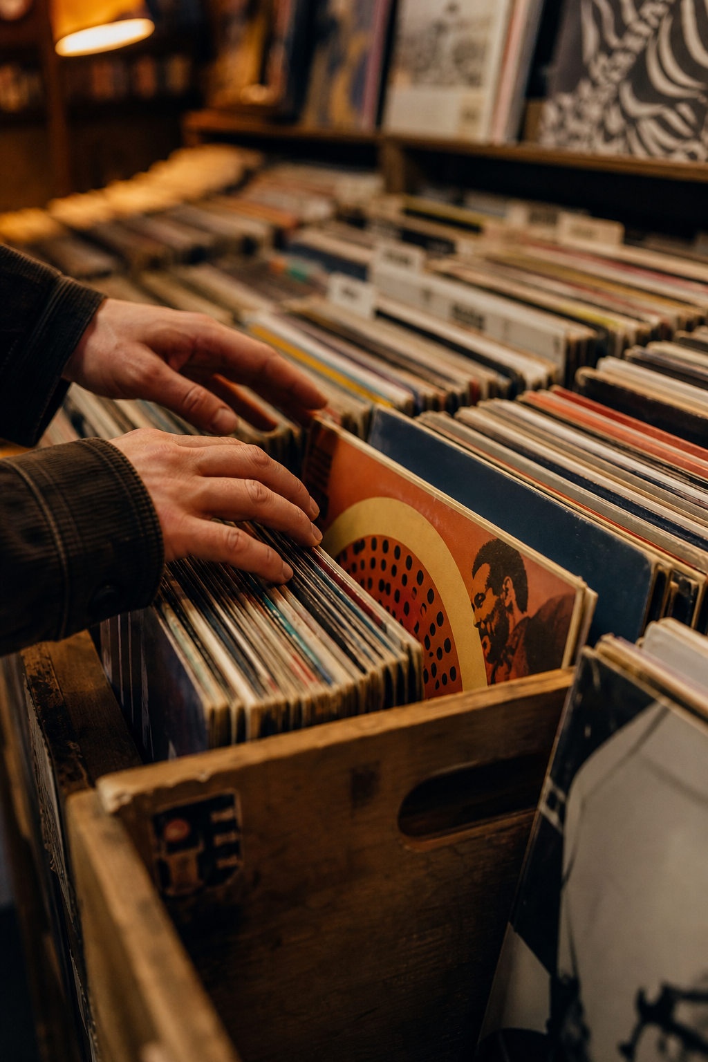 Close-up of hands flipping through tightly packed vinyl records in wooden bins