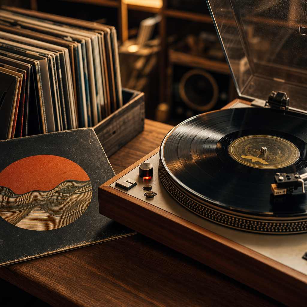Vintage turntable with a record spinning beside a textured album sleeve