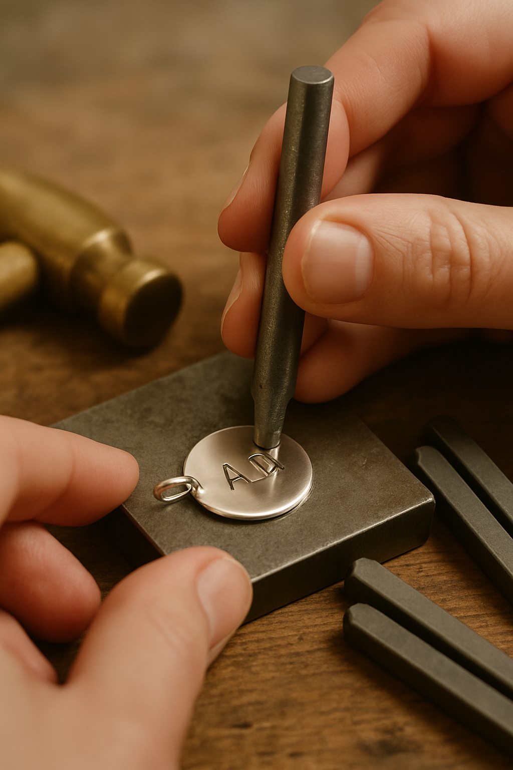 Artisan hand-engraving initials onto a silver disc pendant at a wooden workbench