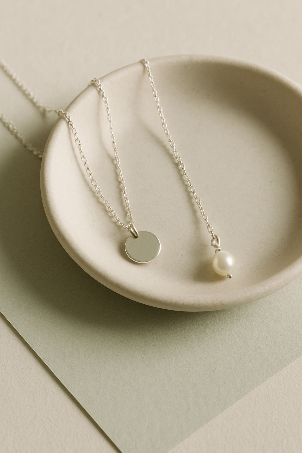 Delicate silver chain necklaces with small pendants draped over a ceramic dish