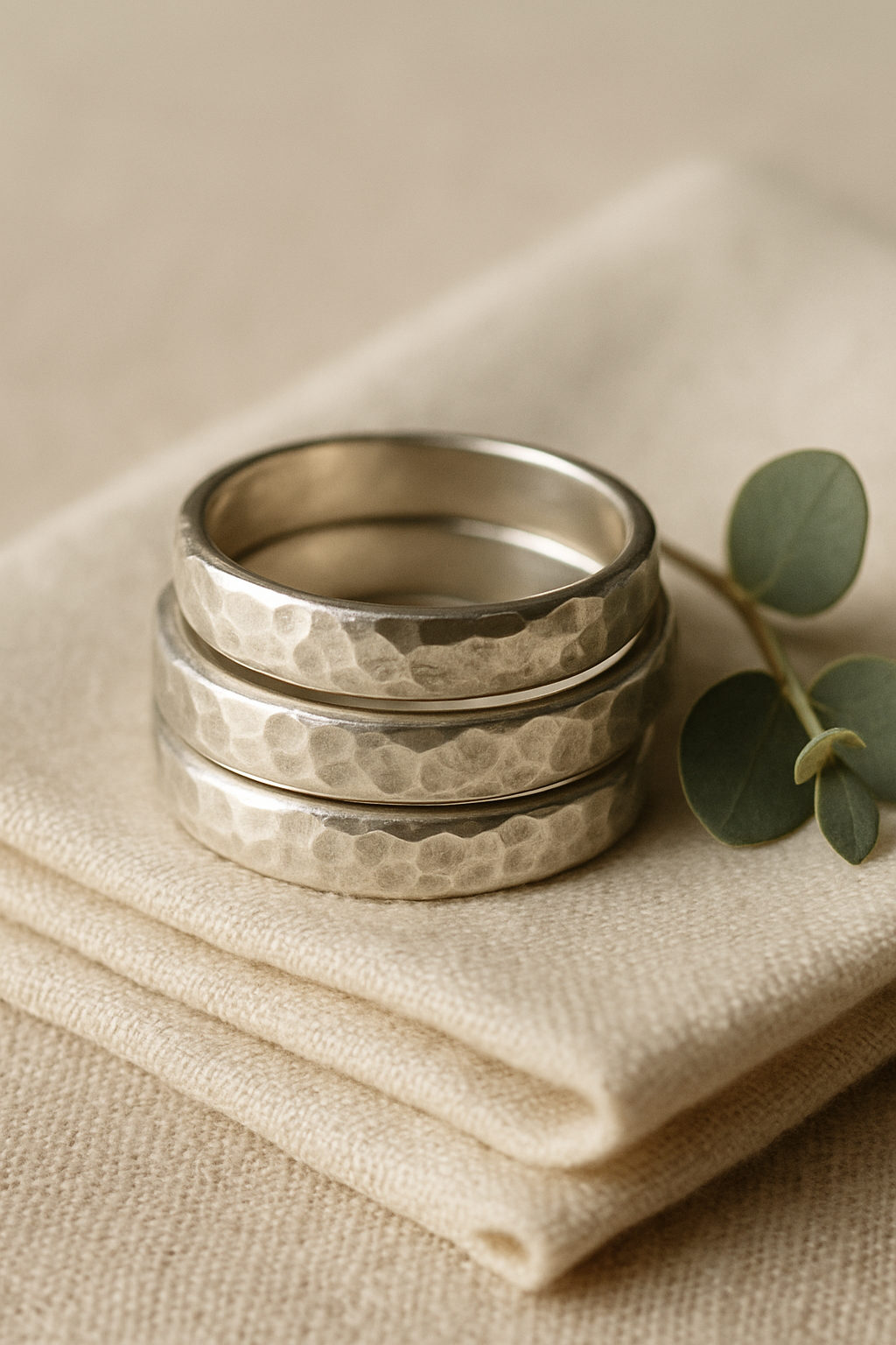 Handmade hammered sterling silver rings stacked on a linen cloth