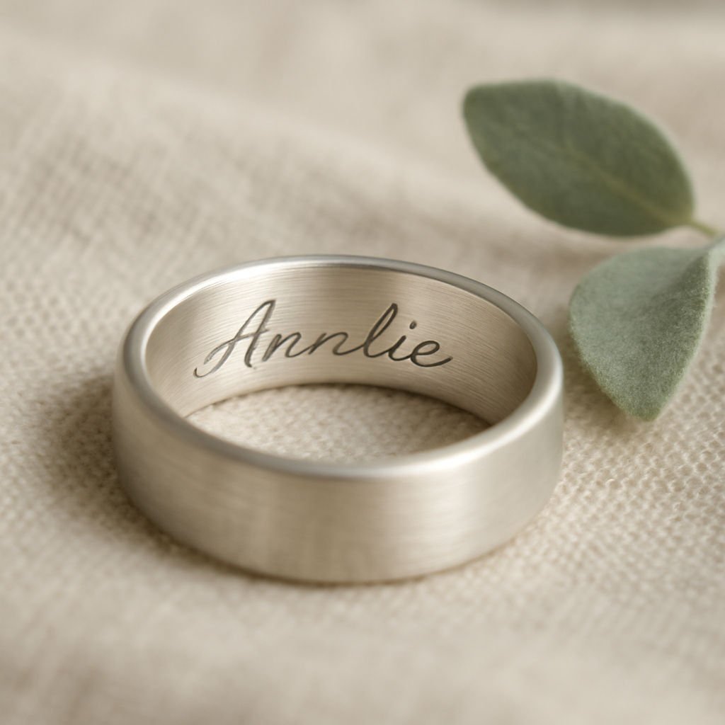 Close-up of a hand-engraved script name inside a sterling silver ring band
