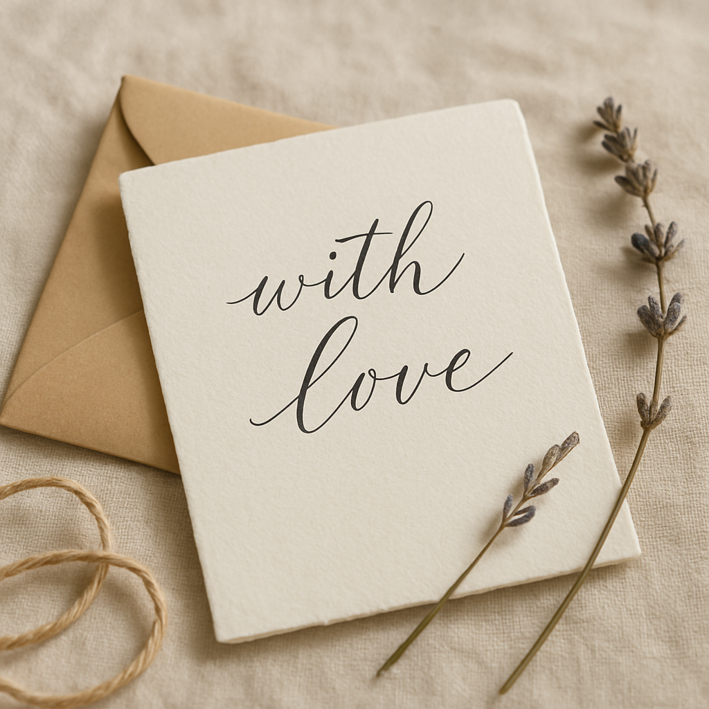 Handwritten cream card with a small pressed sprig tucked beside a kraft envelope and twine
