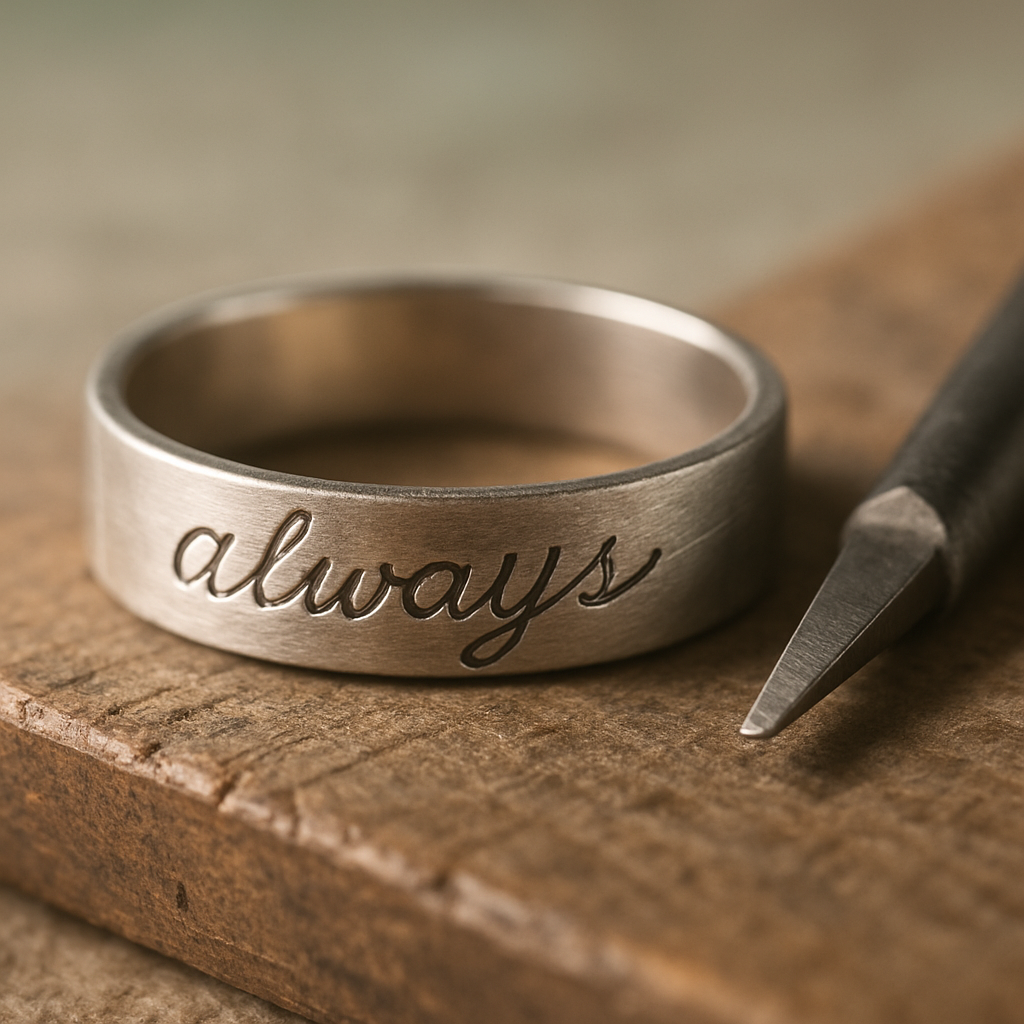 Close-up of hand-engraved lettering on a brushed silver band