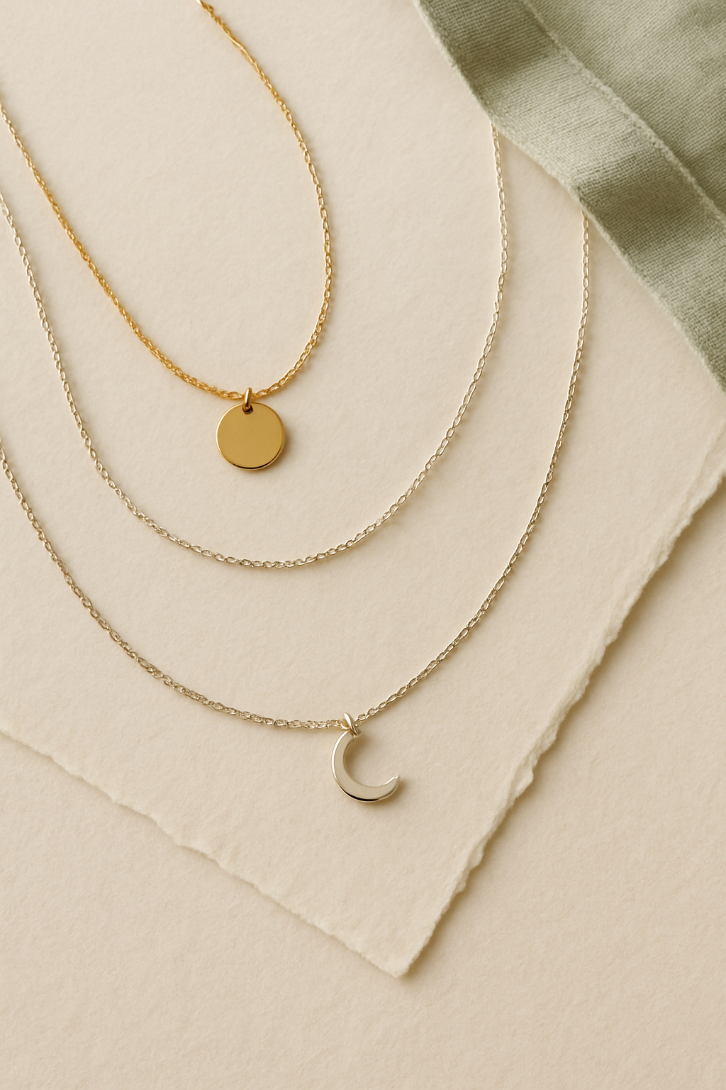 Layered delicate chain necklaces with small pendants draped over cream paper