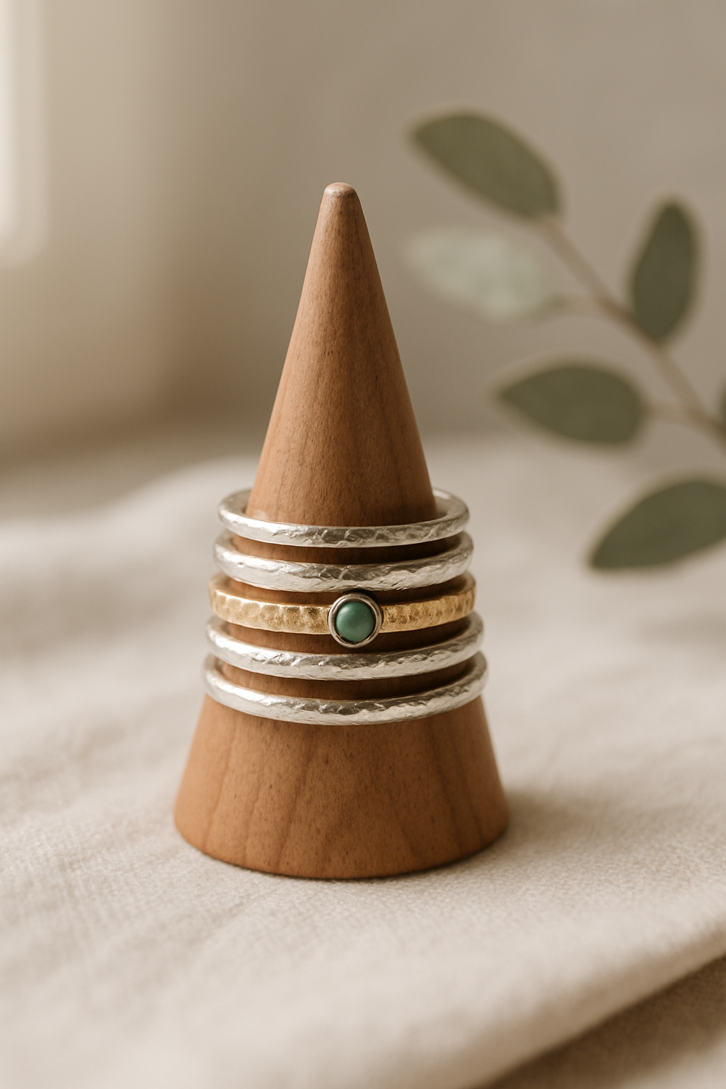 Stack of handmade sterling and gold-fill rings on a linen surface