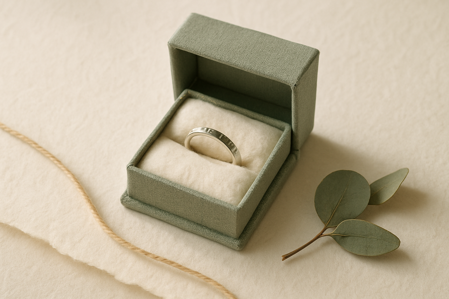 Sage linen-textured jewelry box opened on a cream paper surface, revealing a silver ring nested in soft cotton