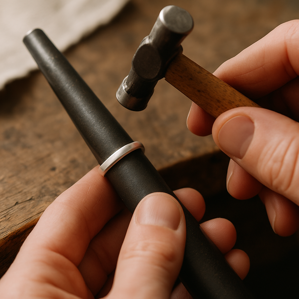 Close-up of hands shaping a sterling silver ring on a steel mandrel with a small hammer
