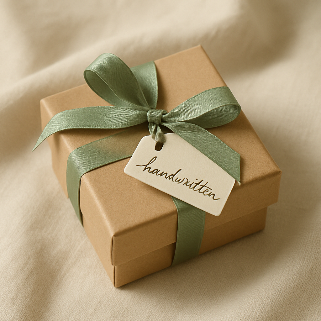 Close-up of a small kraft paper jewelry box tied with a sage green ribbon and a handwritten tag