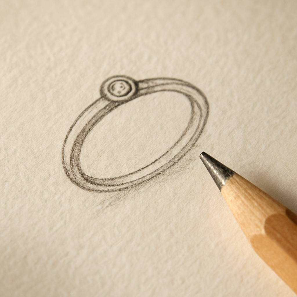 Close-up of a graphite pencil sketch of a ring design on textured cream paper
