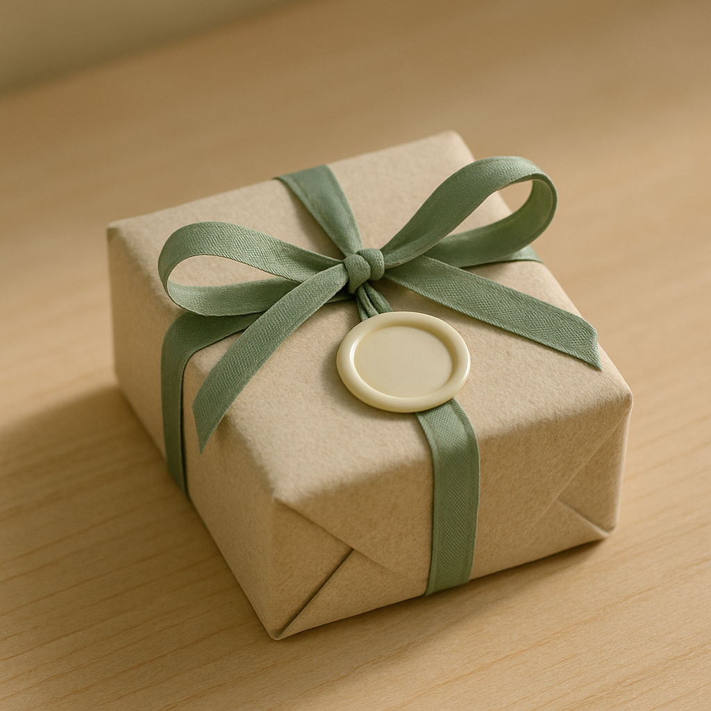 Small parcel wrapped in textured oatmeal paper, tied with sage ribbon and a wax seal, ready to ship