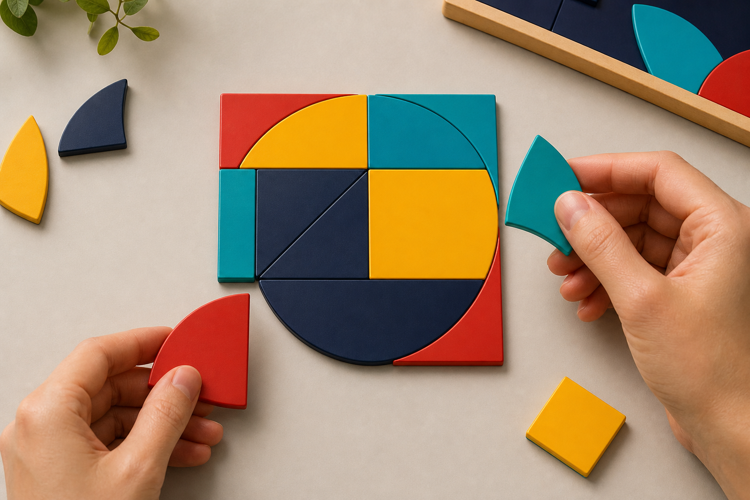 Hands arranging colorful geometric puzzle pieces into a square on a tabletop