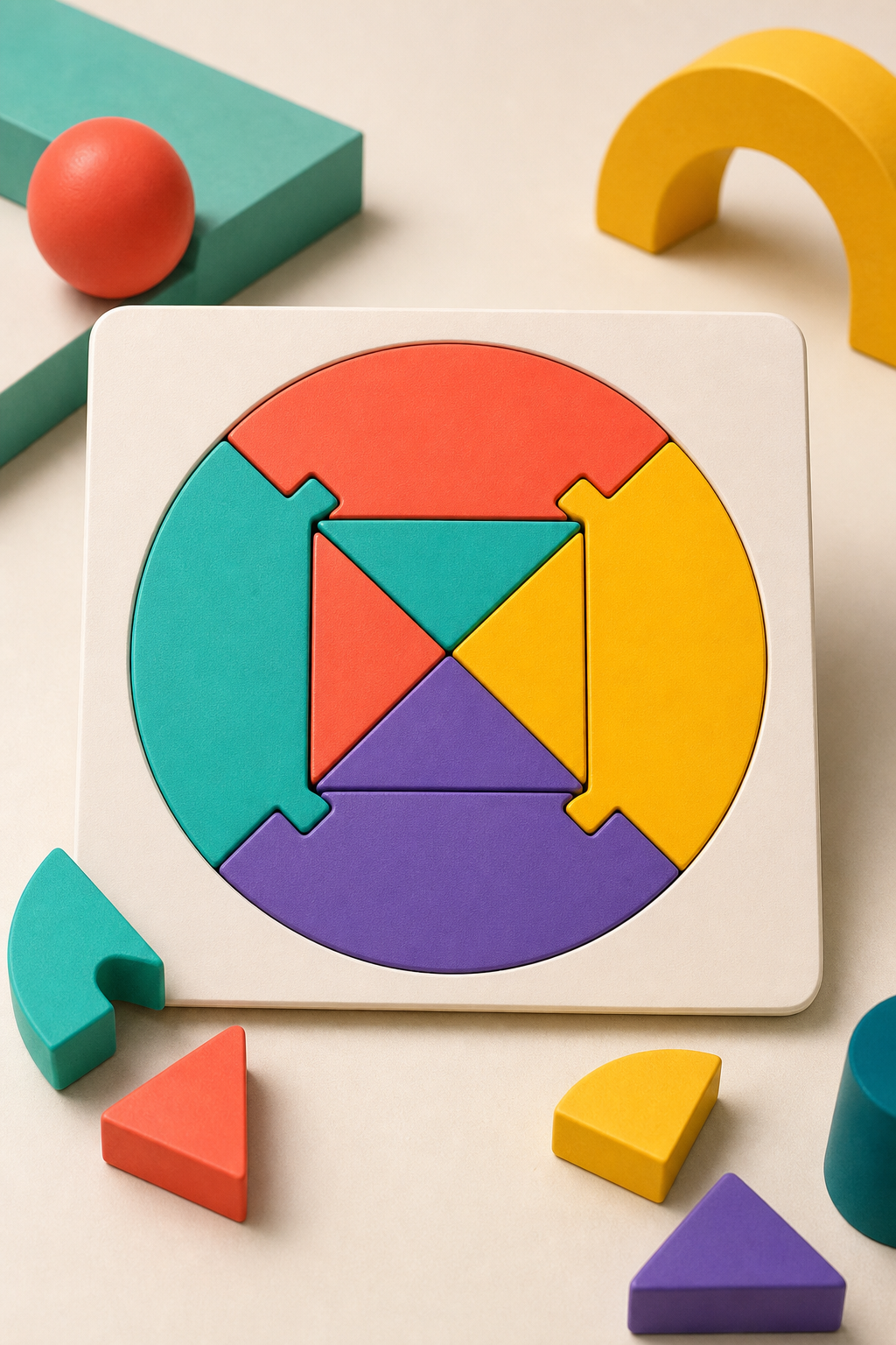 Colorful tabletop math puzzle with geometric pieces arranged in a premium layout