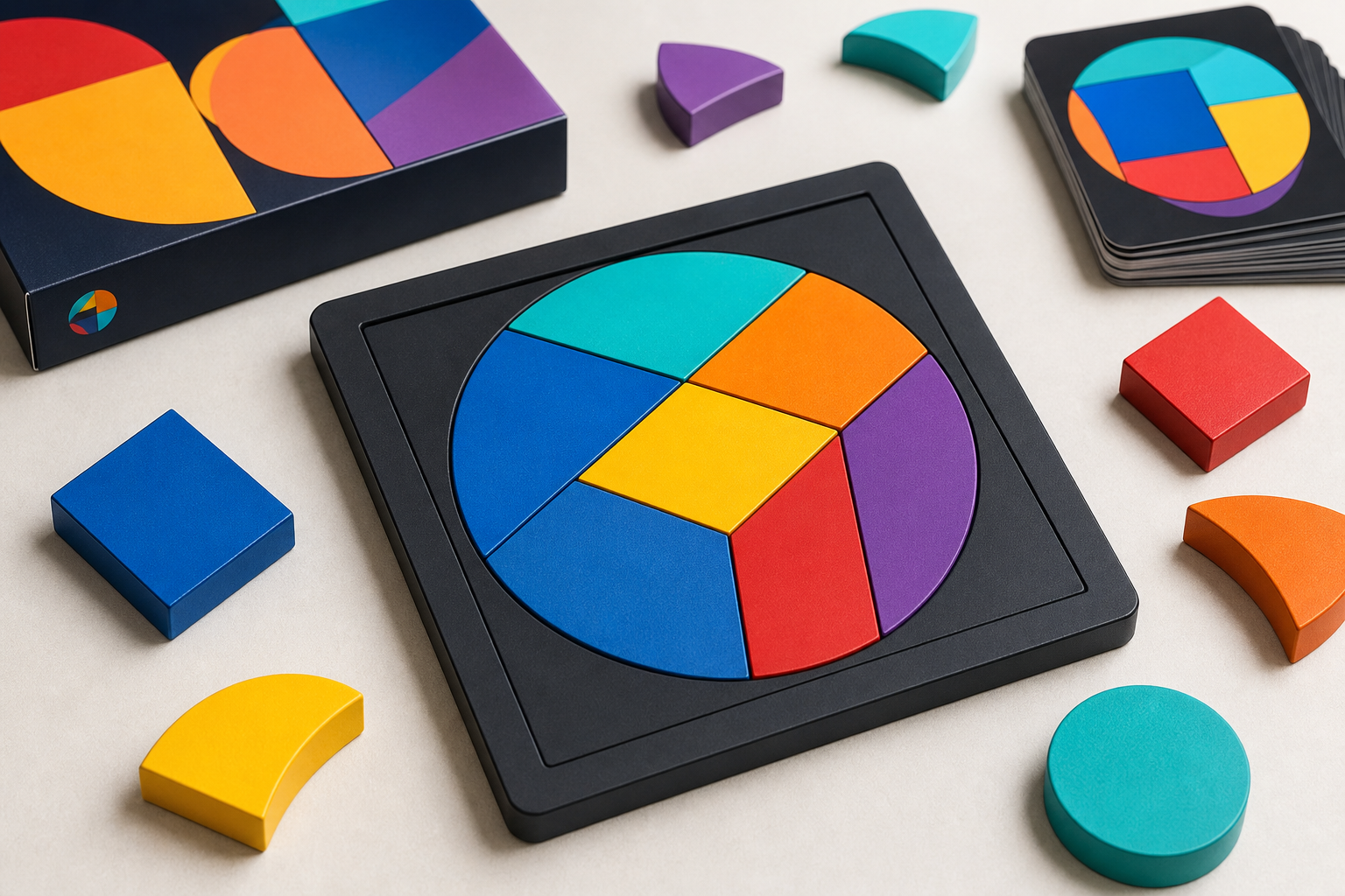 A premium tabletop math puzzle with colorful geometric pieces arranged on a clean surface
