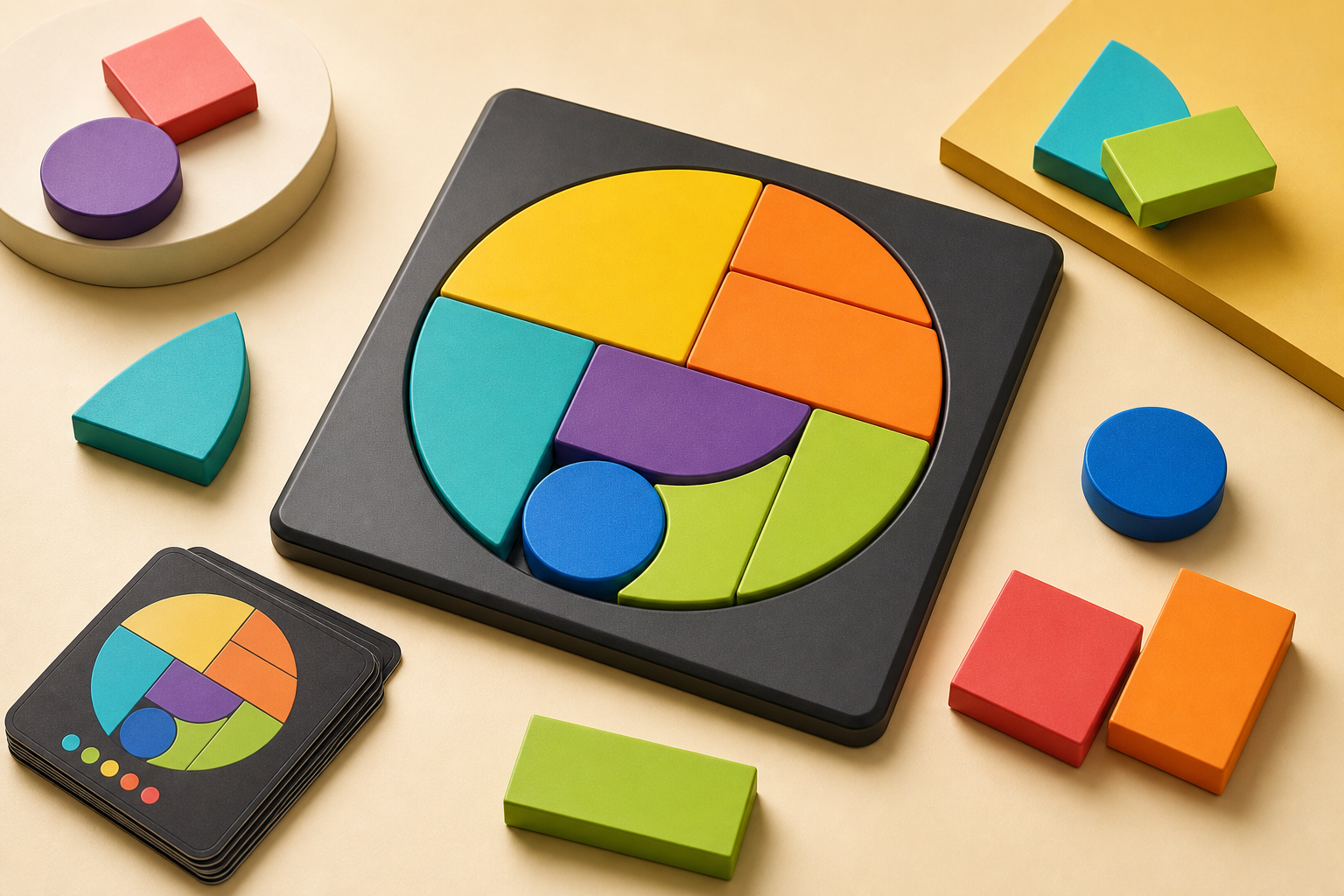 Colorful geometric tabletop puzzle set with circular and square pieces arranged on a premium board