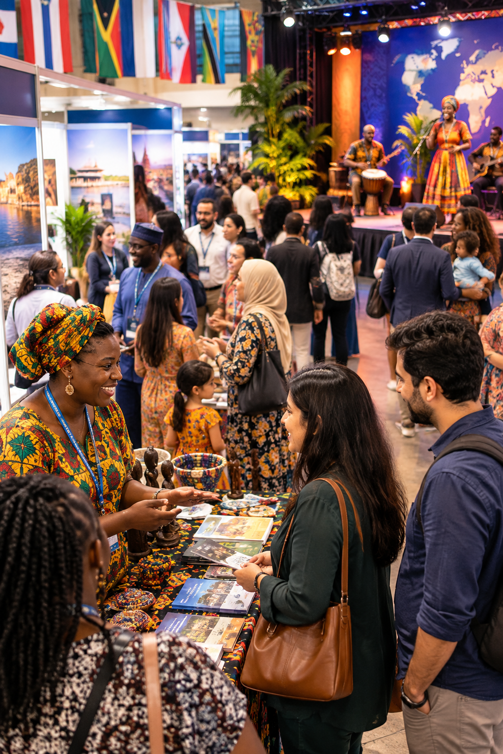 Diverse festival attendees engaging around cultural exhibits and live performance lighting