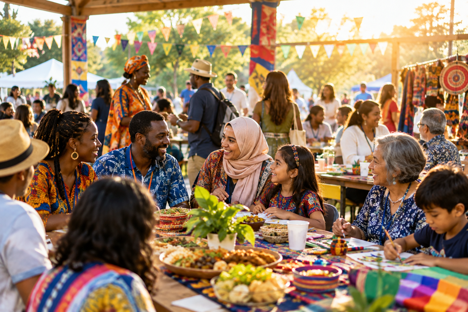 Intergenerational community gathering around festival tables with conversation and shared food