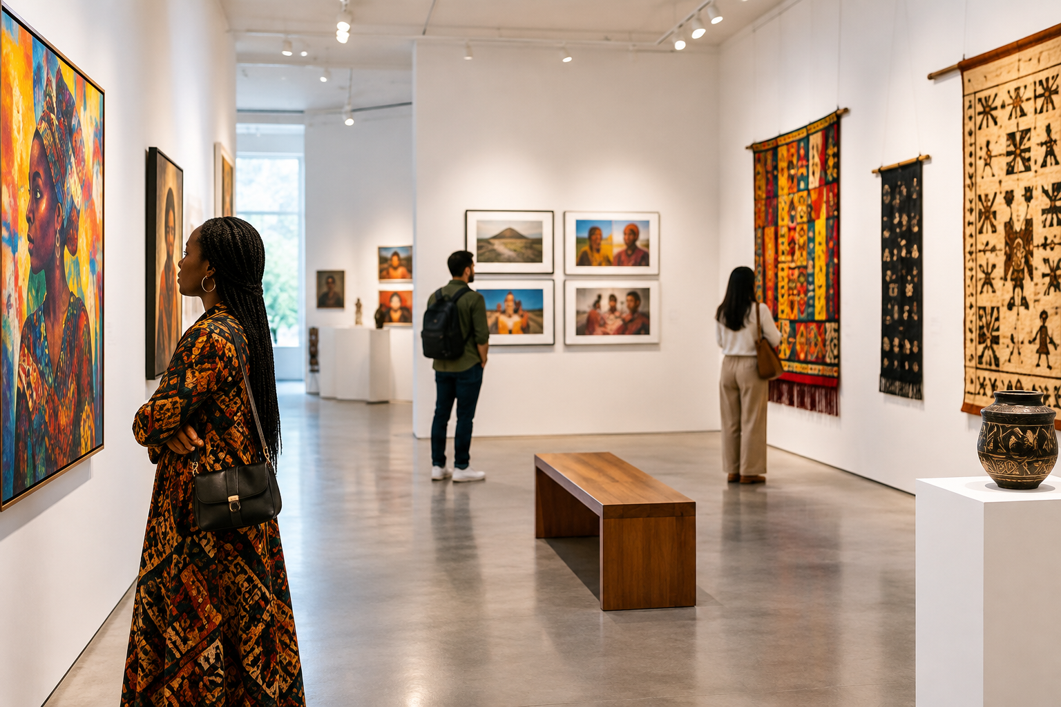 Curated cultural exhibition hall with framed art, textiles, and visitors in a modern gallery space