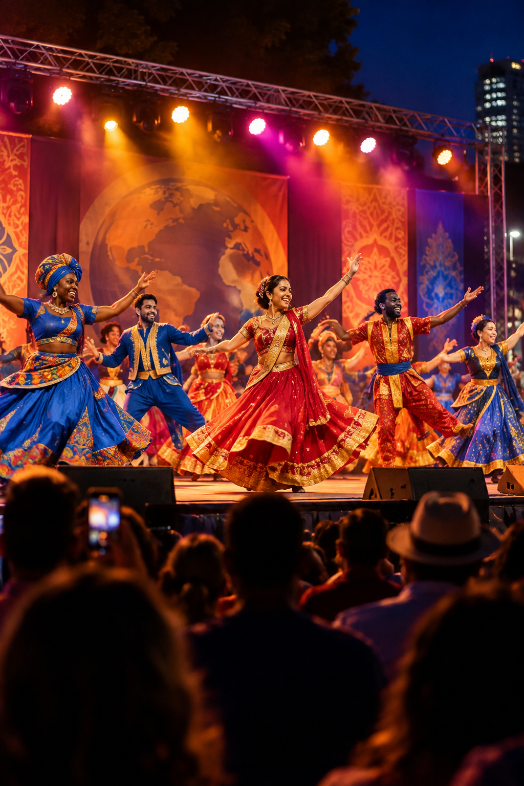Night festival performance with dancers in bright traditional costumes under warm stage lights