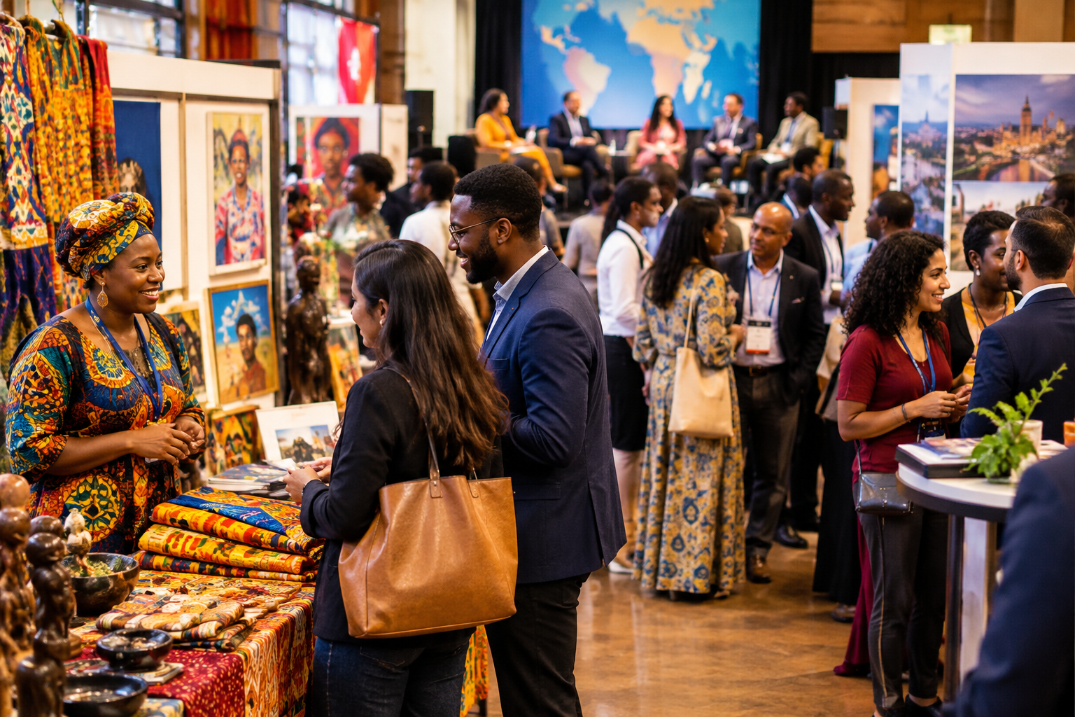 Warmly lit festival hall with diverse attendees visiting cultural exhibition booths, listening to a panel, and networking around display stands