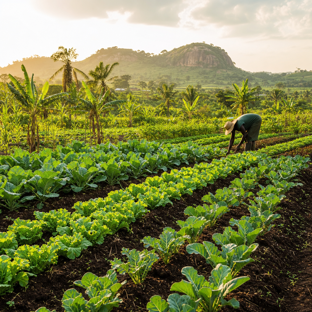Lush rows of organic vegetables in a regenerative farm field with a farmer harvesting leafy greens and sunlight filtering through