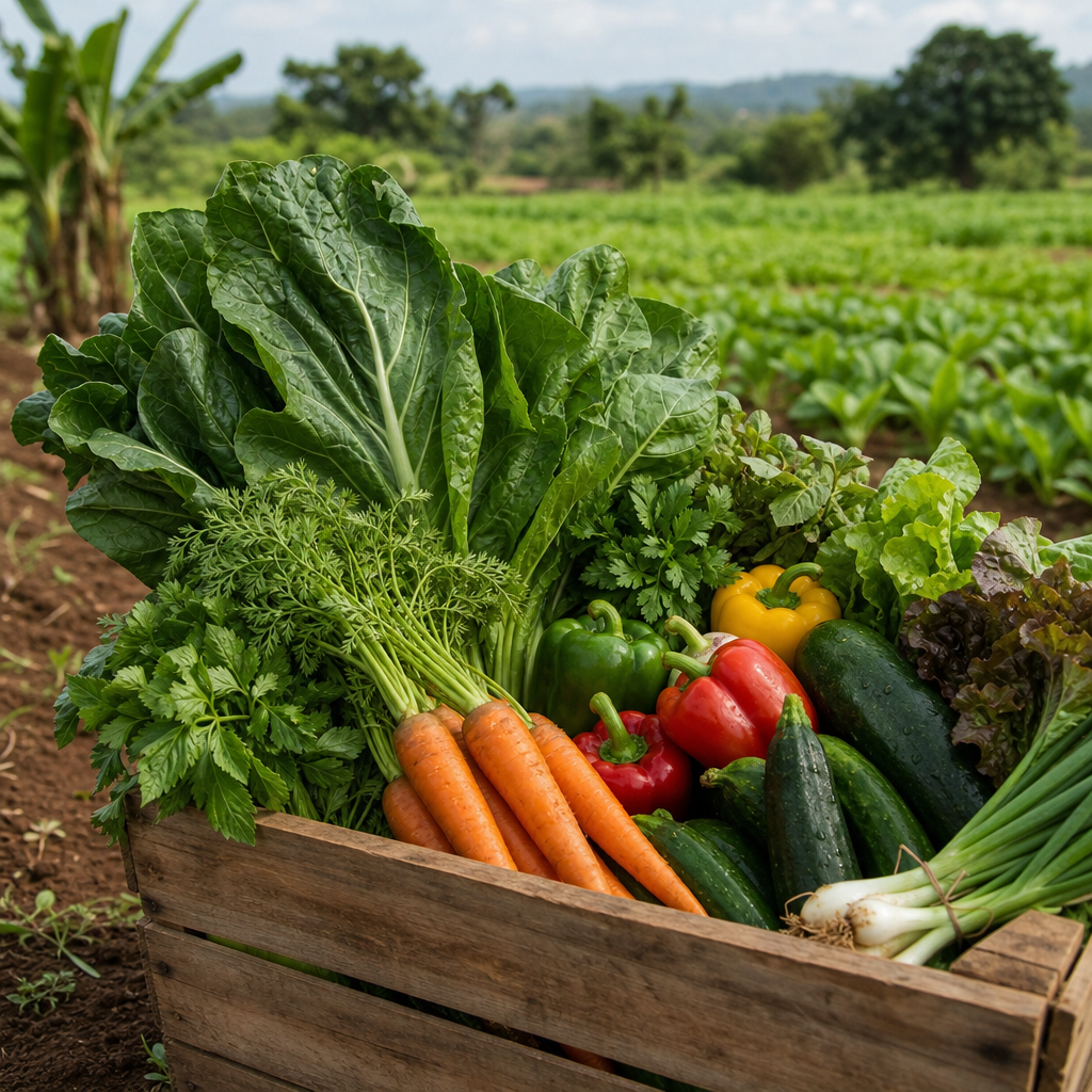 Rustic wooden crate filled with leafy greens, carrots, radishes, and herbs