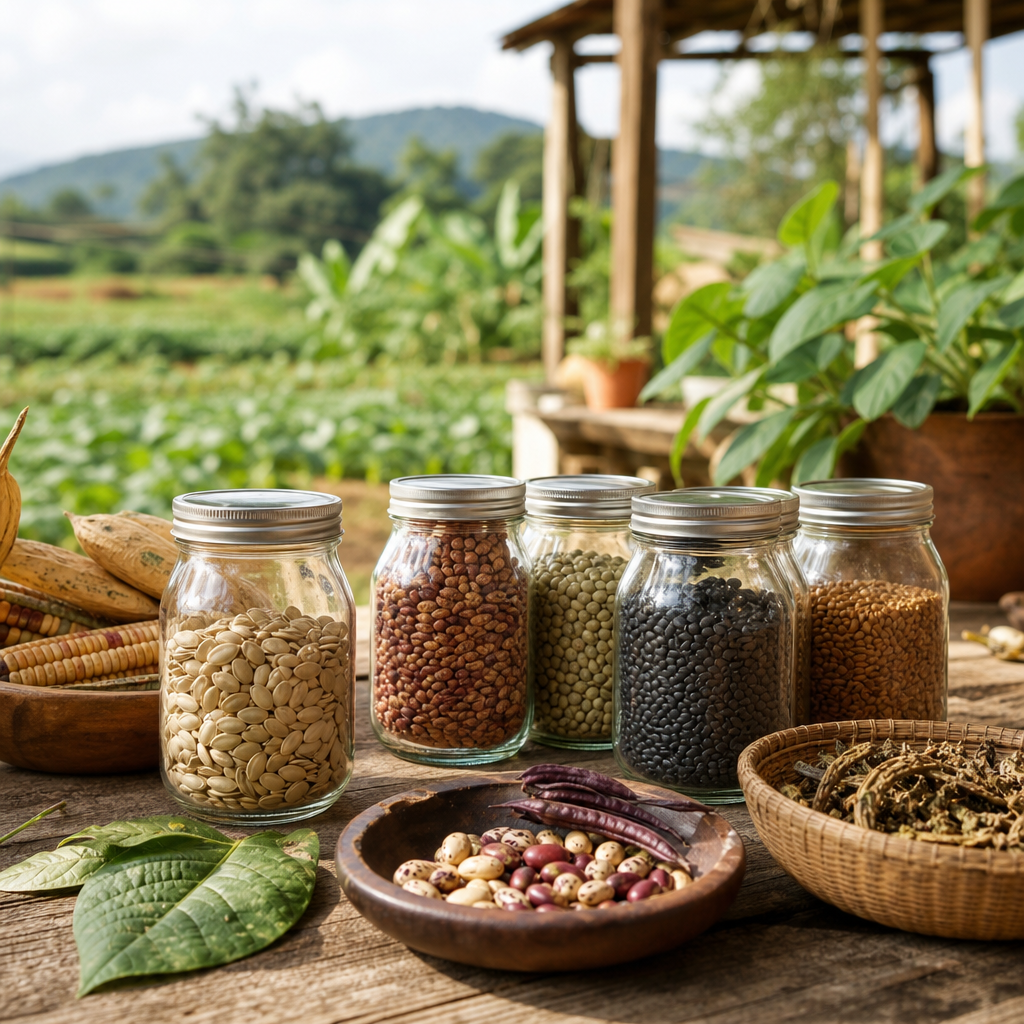 Glass jars holding colorful heirloom seeds on a wooden table
