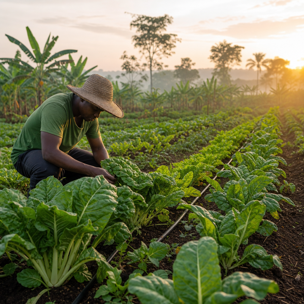 Farmer inspecting vibrant green vegetable rows in a regenerative field at sunrise