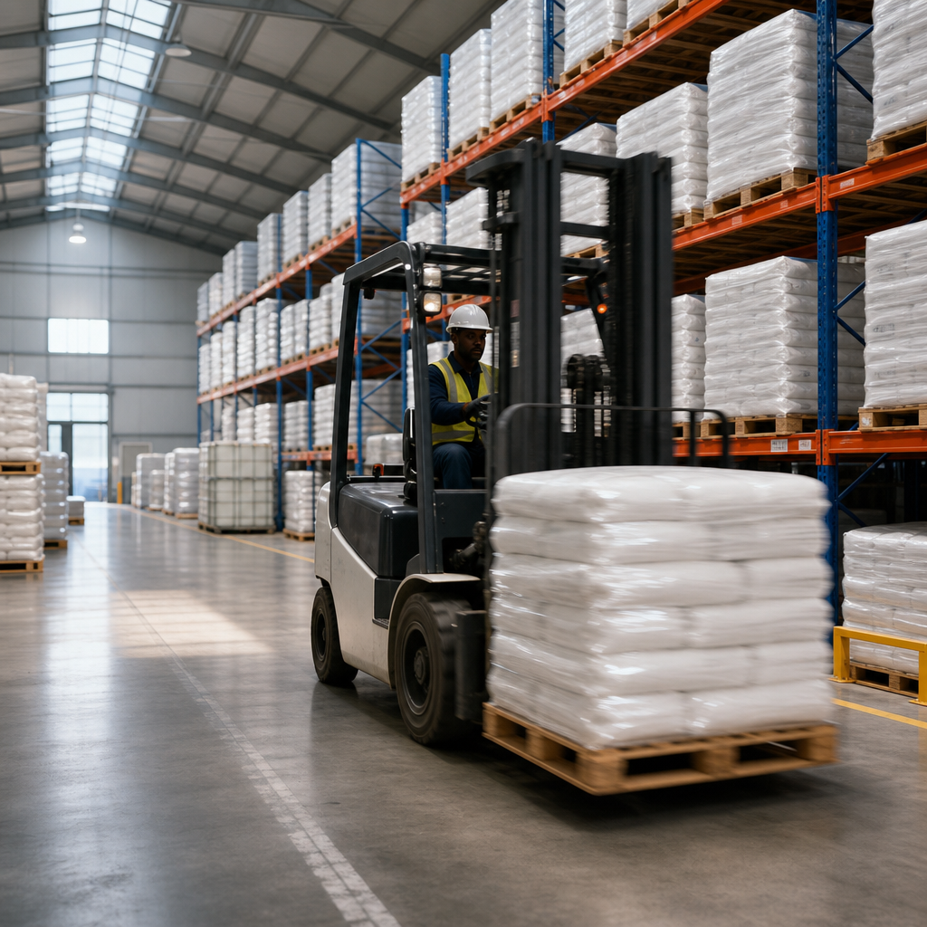 Refined industrial polymer logistics setting with material handling equipment and subtle technical line graphics