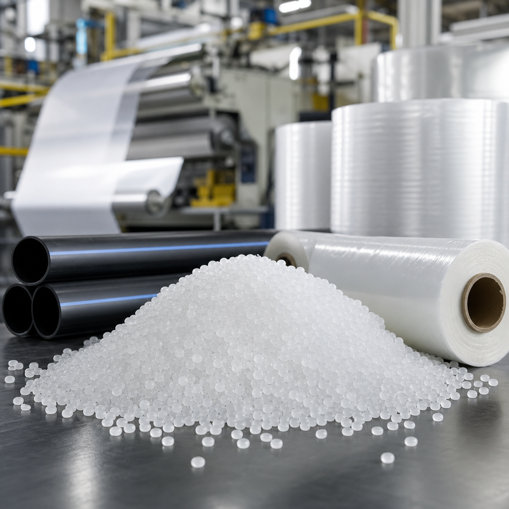 Premium polyethylene PE production visual with clear and light-blue pellets and smooth film rolls in a spotless industrial line