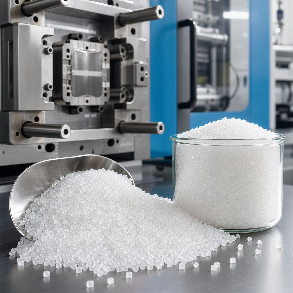 Polished polypropylene PP pellets in natural ivory tone beside a precision injection molding die, captured with crisp manufacturing detail