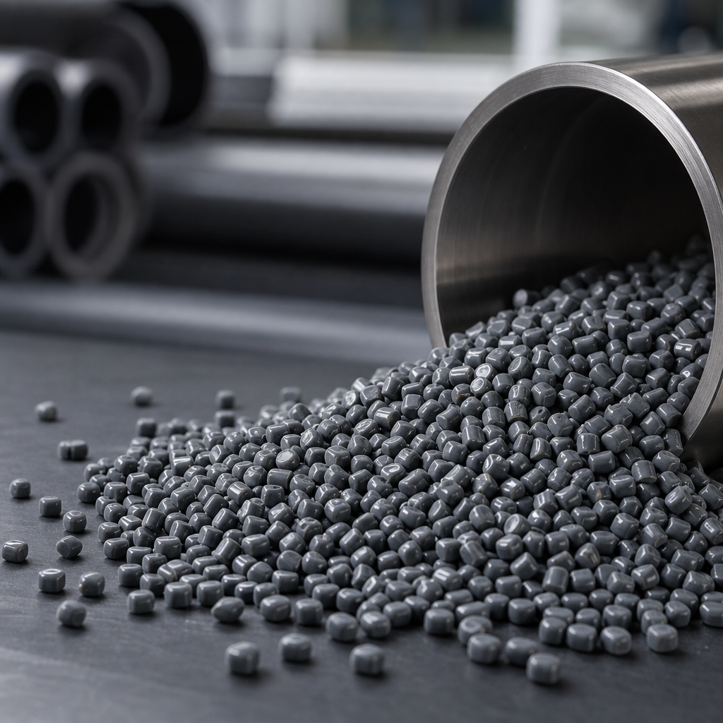 High-end industrial scene of matte charcoal PVC compound pellets sorted in precise channels with controlled technical lighting