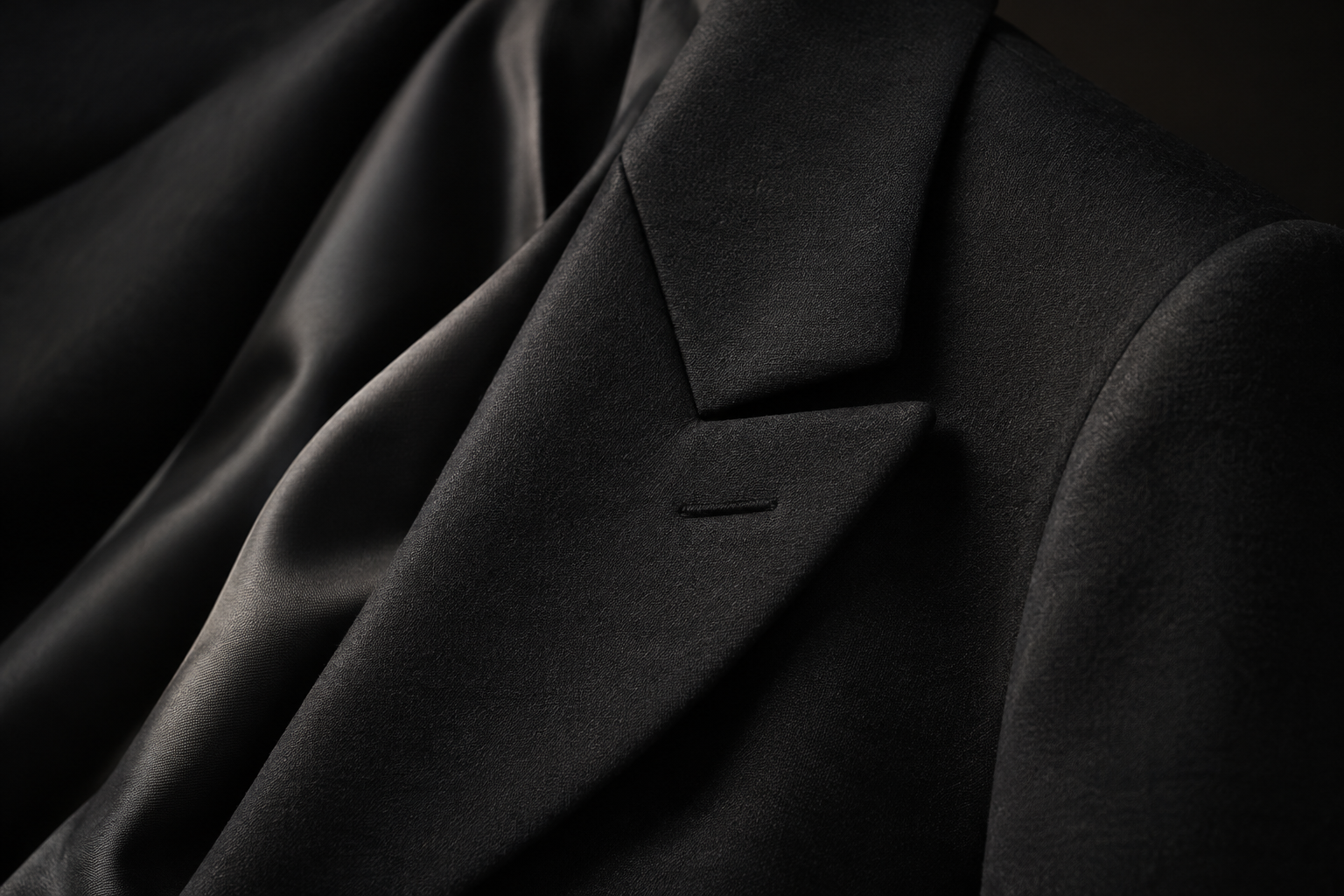 Editorial close-up of a dark tailored luxury garment with rich fabric texture and soft cinematic lighting